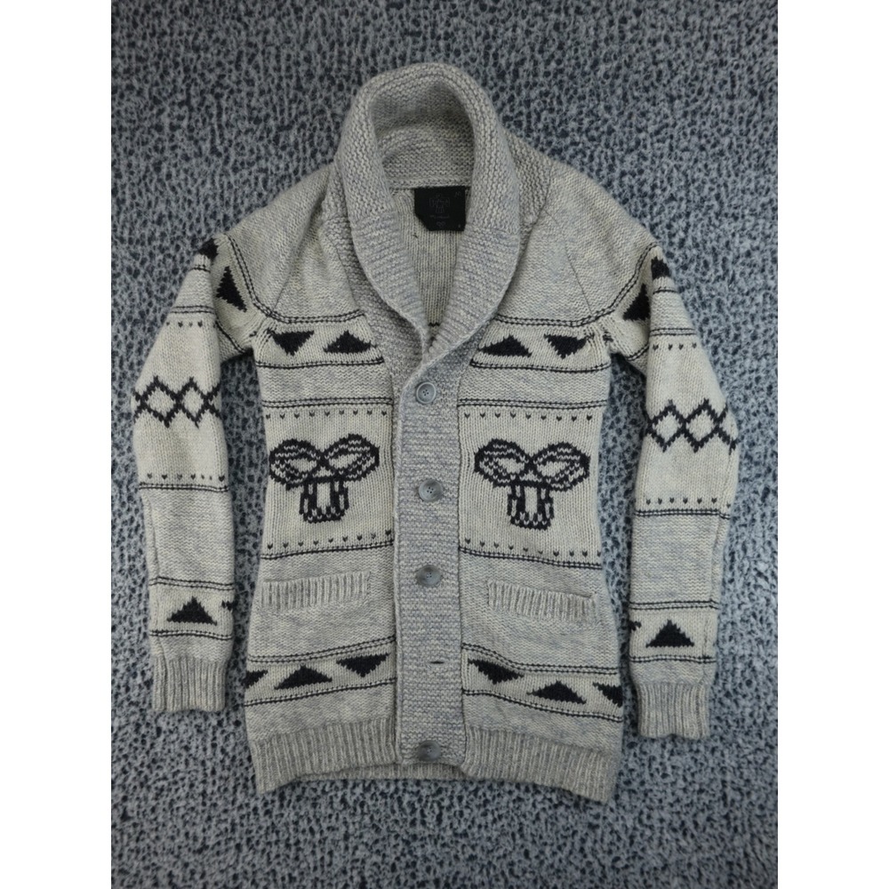 TNA Lambswool Shawl Cardigan Women Medium Gray Excellent Cowichan Style Aztec